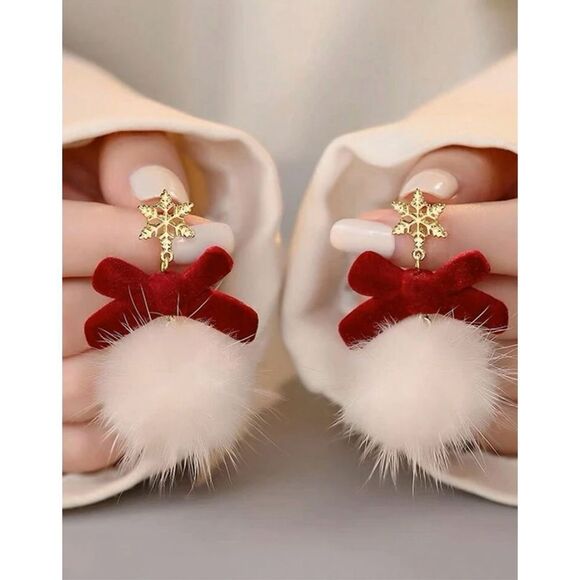 Holiday Christmas Vegan Fur Ball Red Bow Dangle Drop Earrings - Picture 4 of 8